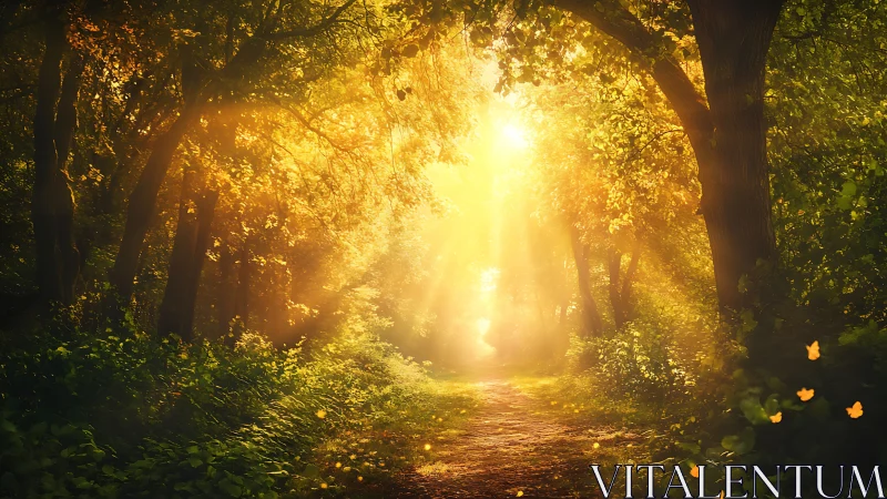 Sunlit forest path with golden morning light streaming in.