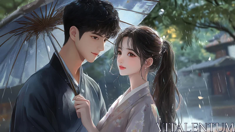 Two Figures Sheltering Under Umbrella in Rain.