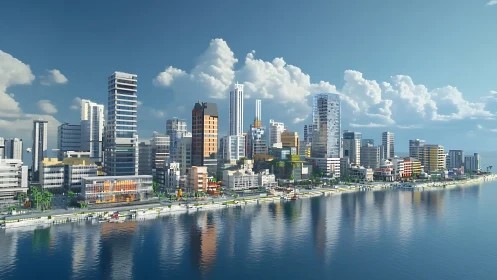 Sunlit blocky waterfront city alive with creative energy.