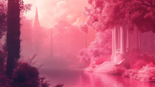 Infrared lakeside neoclassical pavilion in monochrome magenta haze