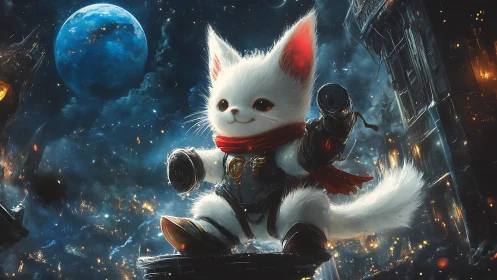 Armored spacefaring white cat hero surveys a burning orbital city
