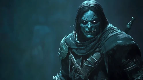 Brooding skeletal warrior wrapped in ghostly teal light.