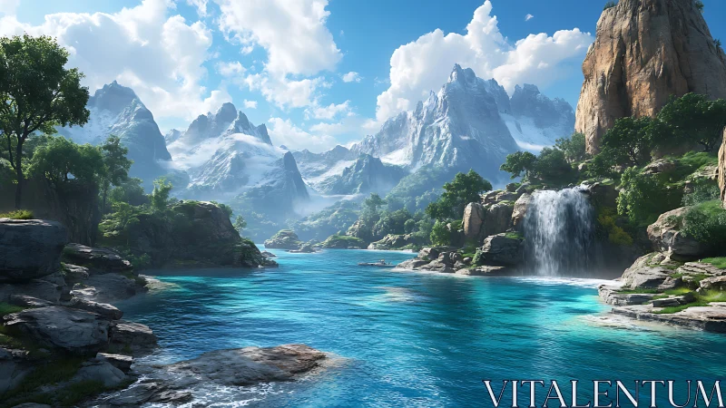 Mountain lake with waterfall and snowy peaks at midday.