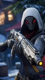 Winter-hooded cyber assassin aims down frosted city streets.