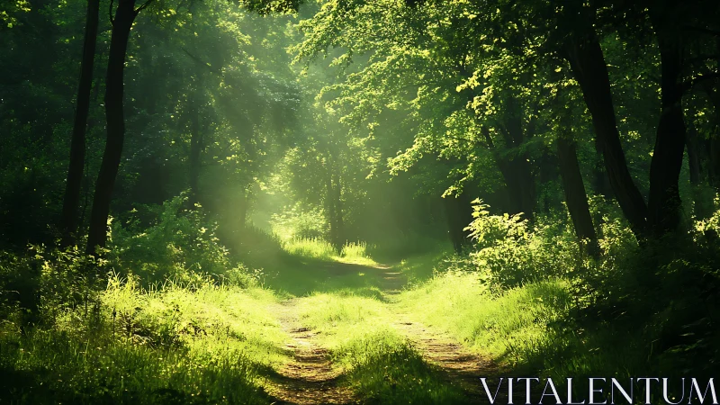 Sunlit Forest Path with Lush Greenery in Serene Morning Light.