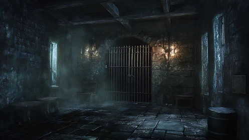 Dark medieval dungeon corridor rendered with atmospheric lighting