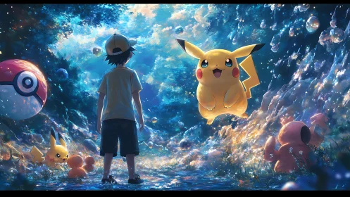 Pikachu glows over forest stream in luminous fantasy world.