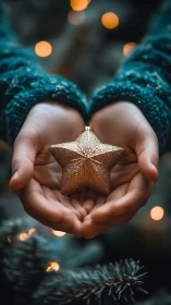 Gentle hands cradle a golden holiday star ornament.