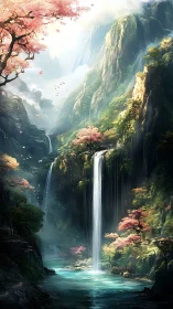 Multilayered crystalline waterfall in luminous sakura canyon.