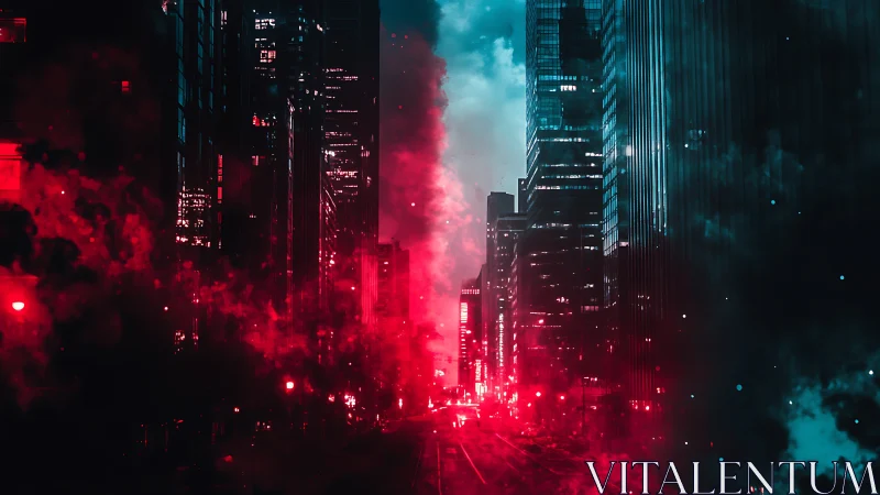 Neon lit city street with red smoke and tall glass towers.