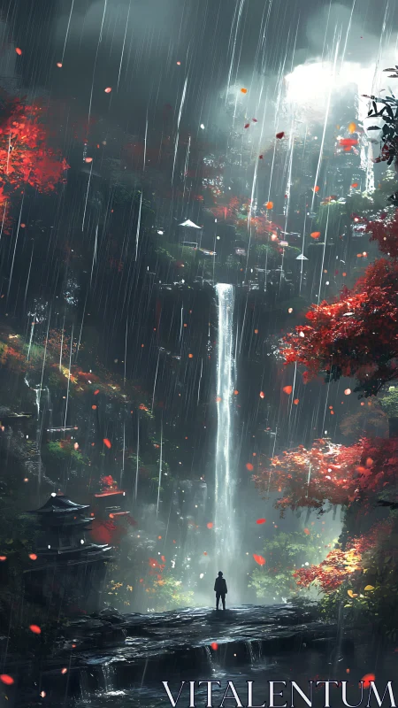 Solitary wanderer beneath towering rainlit waterfall.