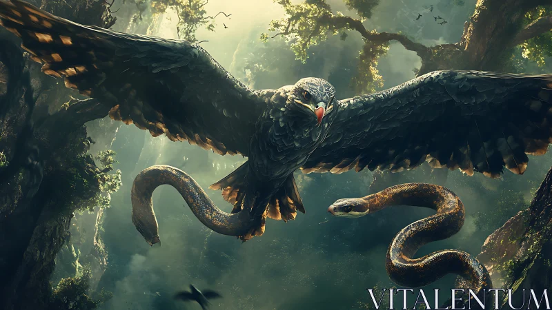 Eagle and snake locked in midair jungle confrontation.