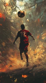 Soccer player rises through blazing abstract stadium light.