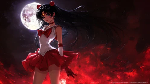 Dark-haired sailor-uniform figure before full moon scene.