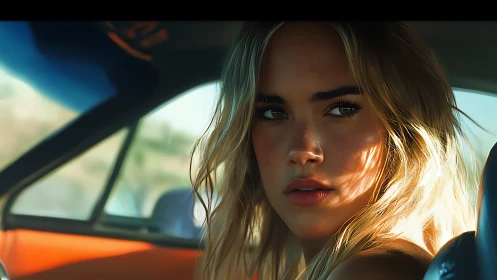 Woman rendered in car interior under directional sunlight