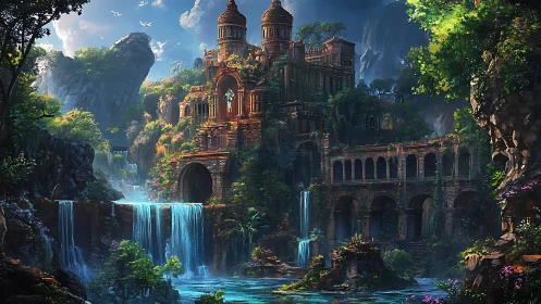 Ancient cliffside citadel overlooks luminous cascading falls.