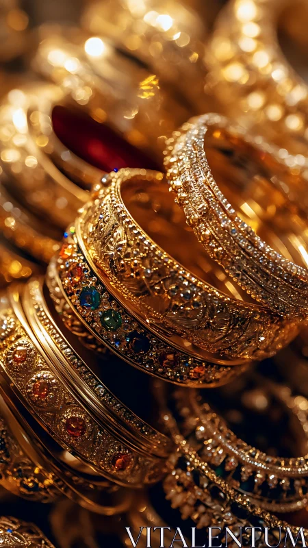 Ornate gold bangles stacked in warm jewel-toned light.