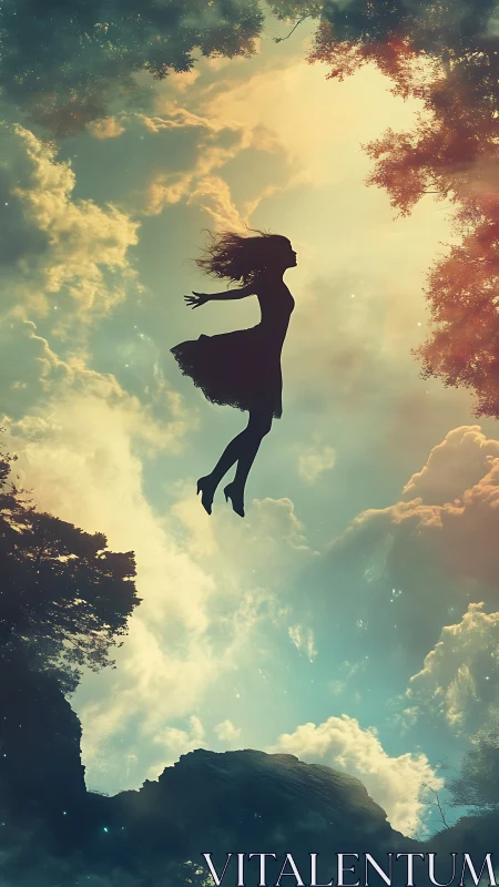 Silhouetted woman levitating amid backlit clouds and forest sky
