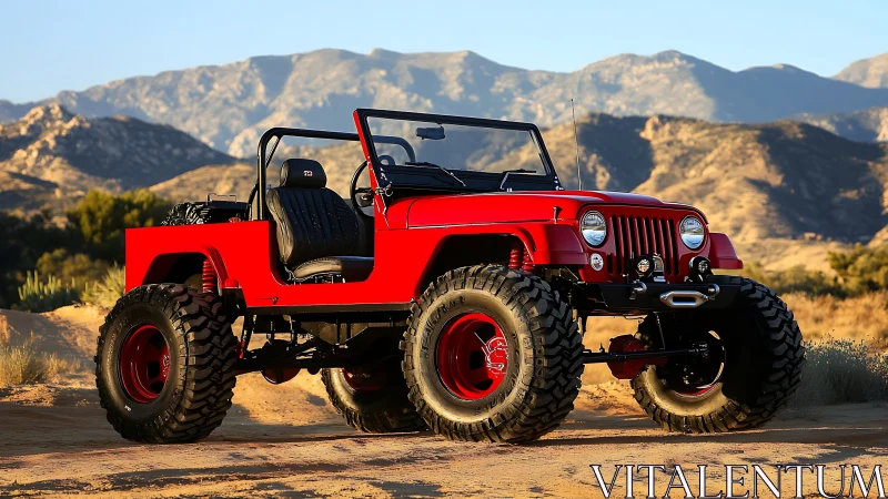 Red off road Jeep with lifted suspension in desert.