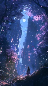 Girl stands in neon forest valley under glowing full moon.