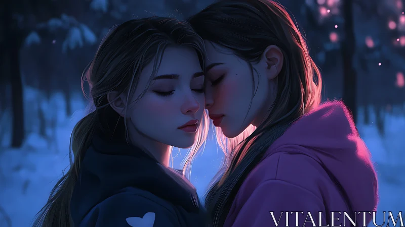 Winter Connection: Two Figures in Neon-Lit Solitude.