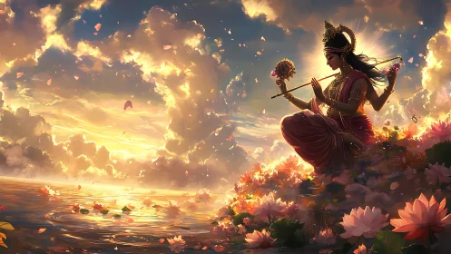 Divine woman with flute over lotus shore at sunset.
