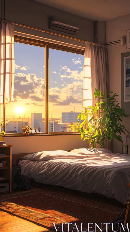 Sunlit minimalist bedroom with cityscape window view.