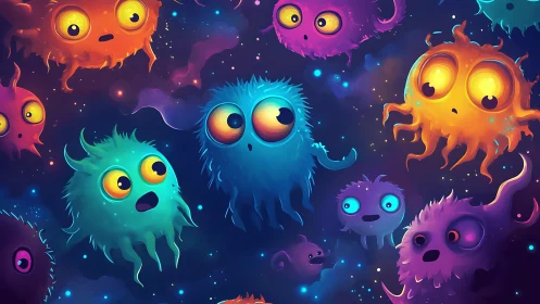 Luminescent fuzzy space creatures in vibrant nebula field.