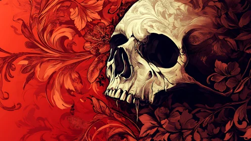 Floral skull merges with crimson baroque foliage.