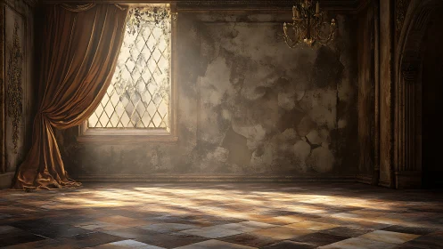 Sunlit decayed ballroom interior renders poetic architectural ruin