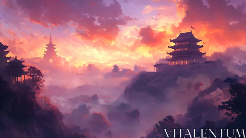 Digital painting of misty mountain temples at sunrise glow.