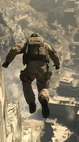 Photorealistic tactical soldier leap in arid urban canyon.