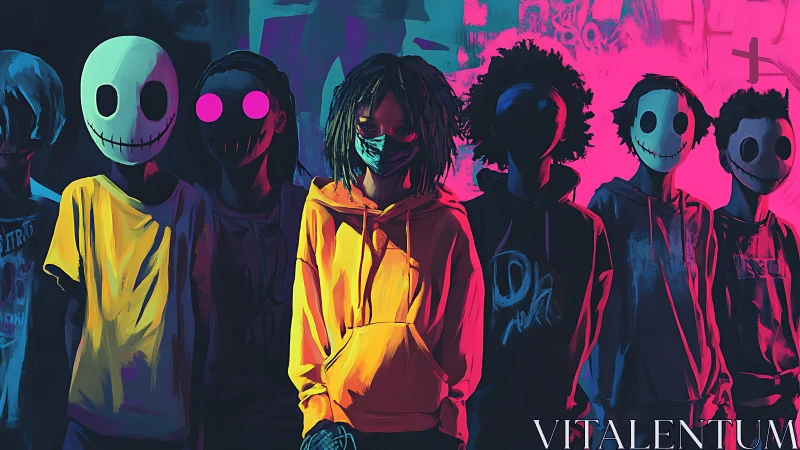 Hooded youth stands masked among neon graffiti silhouettes