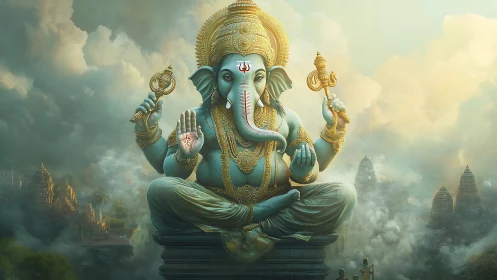 Serene celestial deity in misty temple skyscape.