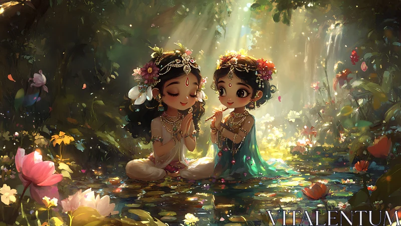 Two adorned children in floral forest pool with soft light.