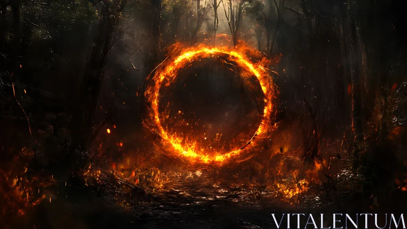 Inferno Portal in Dark Forest. Supernatural Fire Ring.