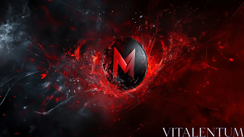 Molten red monogram ignites within a storm of digital embers