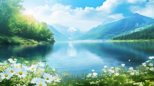 Mountain lake unfolds under clear sky and summer light.