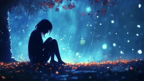 Solitary silhouette in luminous blue rainstorm forest night.