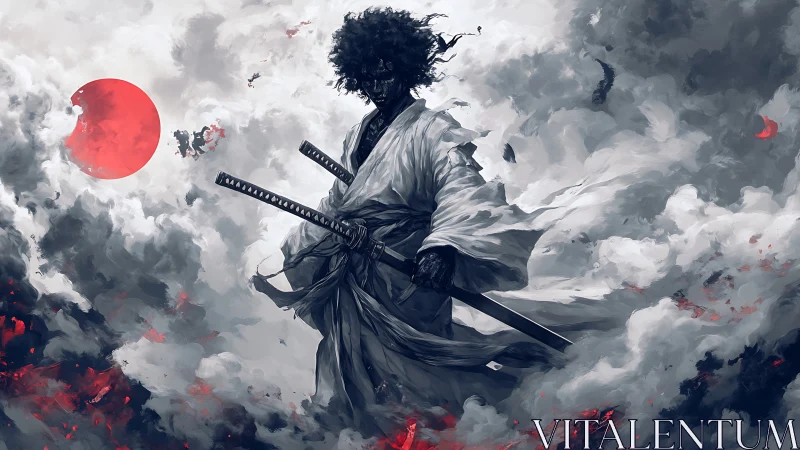 Afro samurai strides through storm clouds with twin katanas.
