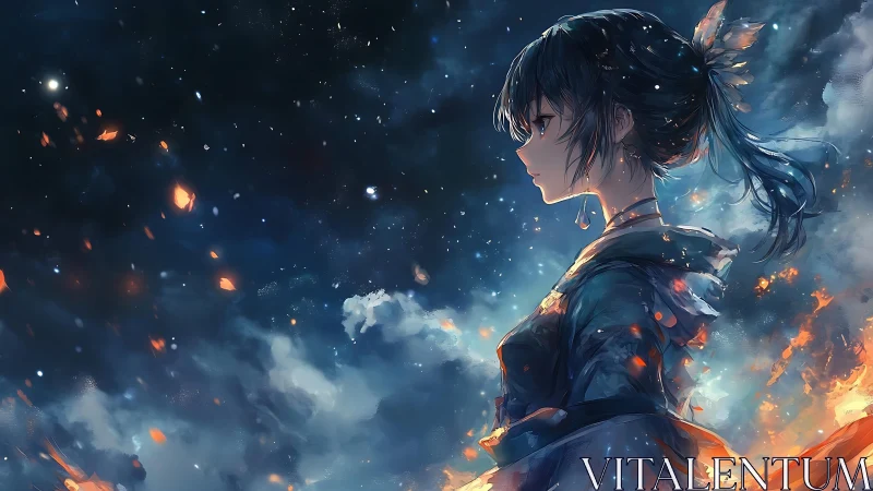 Celestial profile of blue haired girl amid embers and stars