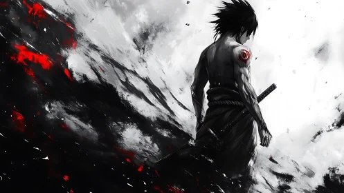 Lone swordsman in monochrome storm with red accents.
