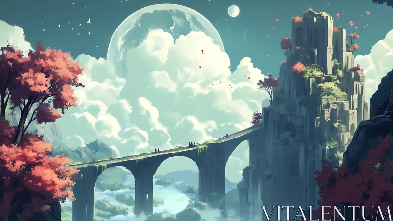 Moonlit stone bridge links floating citadel above valley