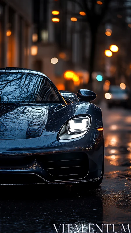 Wet midnight sports car profile with neon street bokeh.