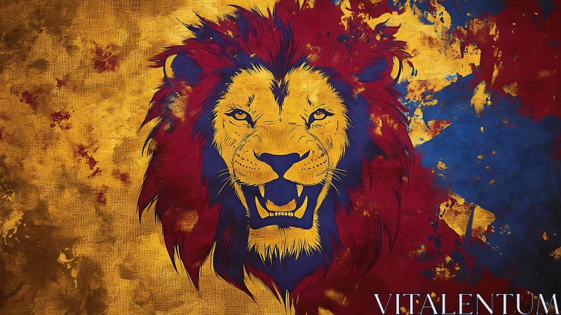 Roaring lion illustration in bold red, gold, and blue colors.