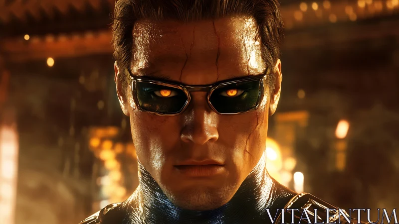Cybernetic vigilante with molten eyes in fiery glow.