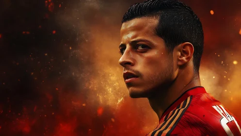 Male football player portrait against intense orange backdrop.