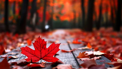 Crimson leaf spotlight on a hush-soft autumn woodland path.