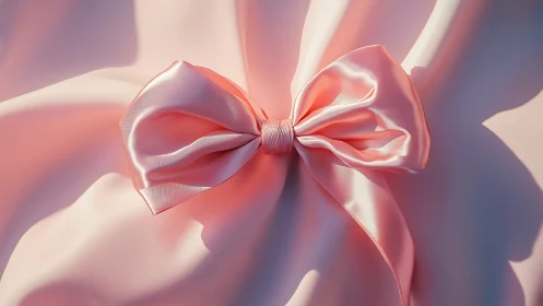 Soft blush satin bow resting on gently glowing fabric.