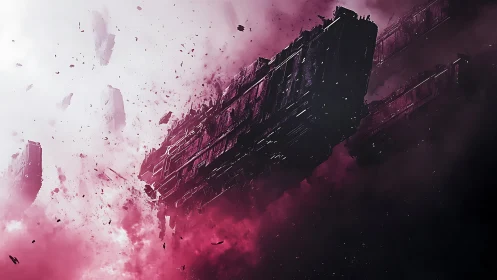 Colossal starwreck drifting through a ruptured crimson nebula.